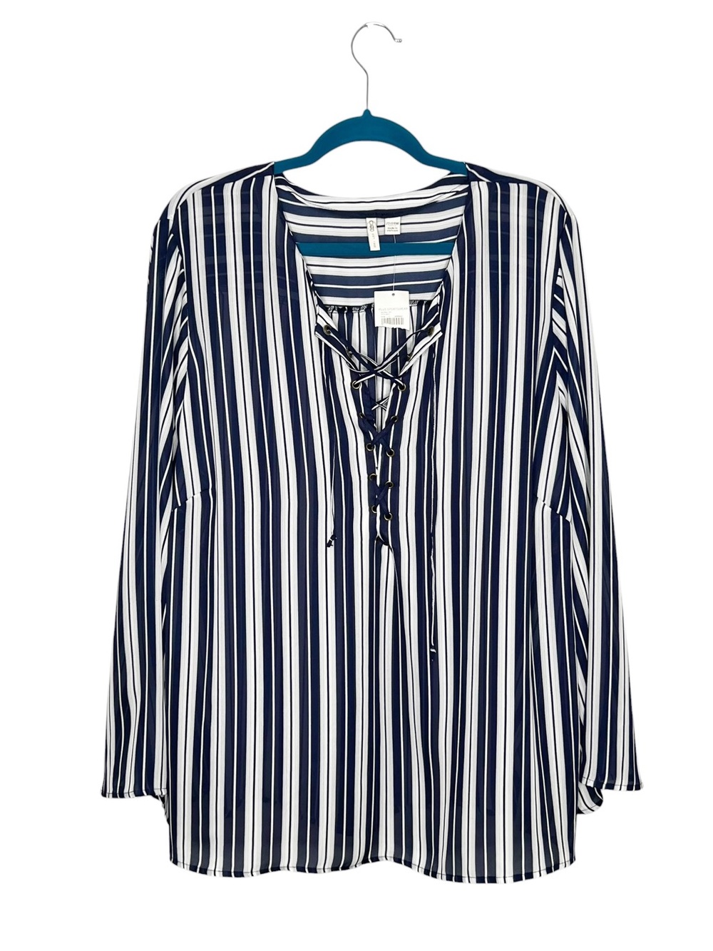 NWT Cato Sheer Navy Blue & White Striped Lace Up Blouse Cover Up